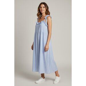 BCBG Blue & White Striped Sleeveless Midi Dress With Tie Straps & Ruffle Trim